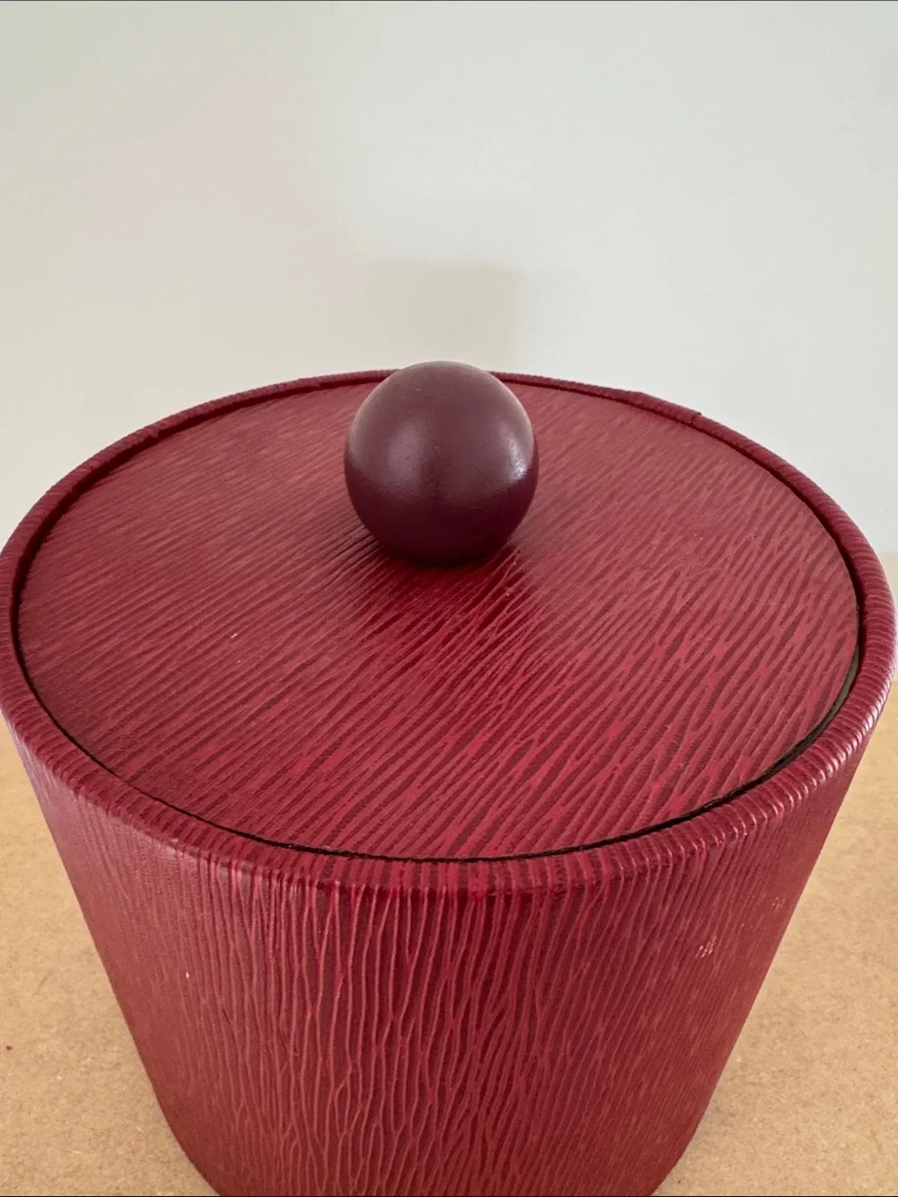 Vintage Burgundy Ice Bucket with Matching Scoop Postmodern Epi Texture Barware